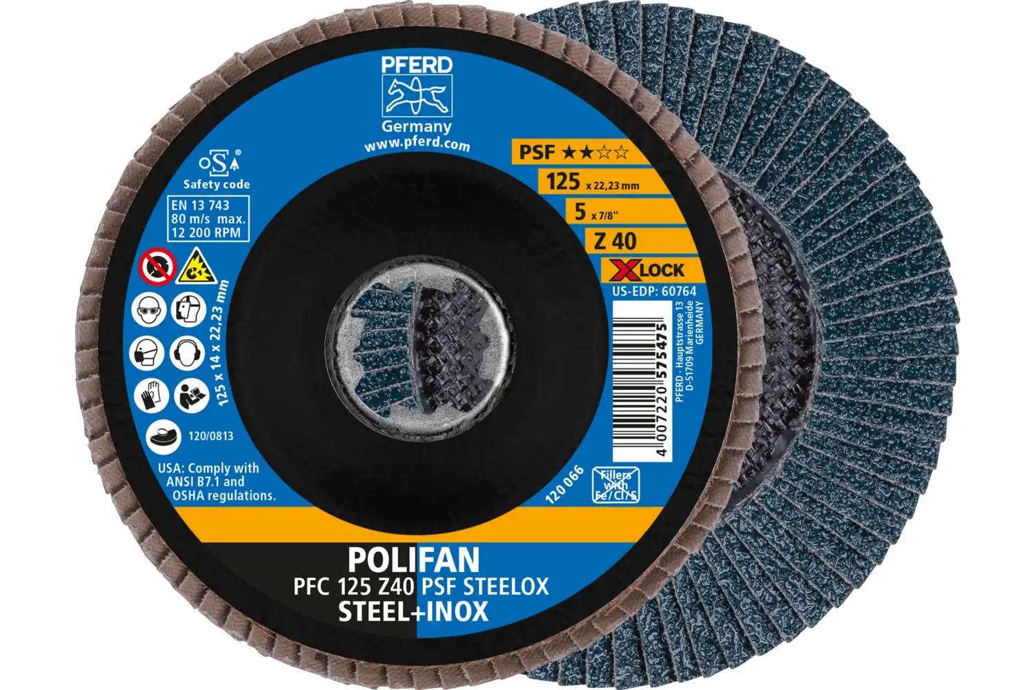 Picture of Pferd Flap Disc, 5", X-Lock, Z PSF Extra Steelox, 40 Grit, T29, Conical, Zirconia